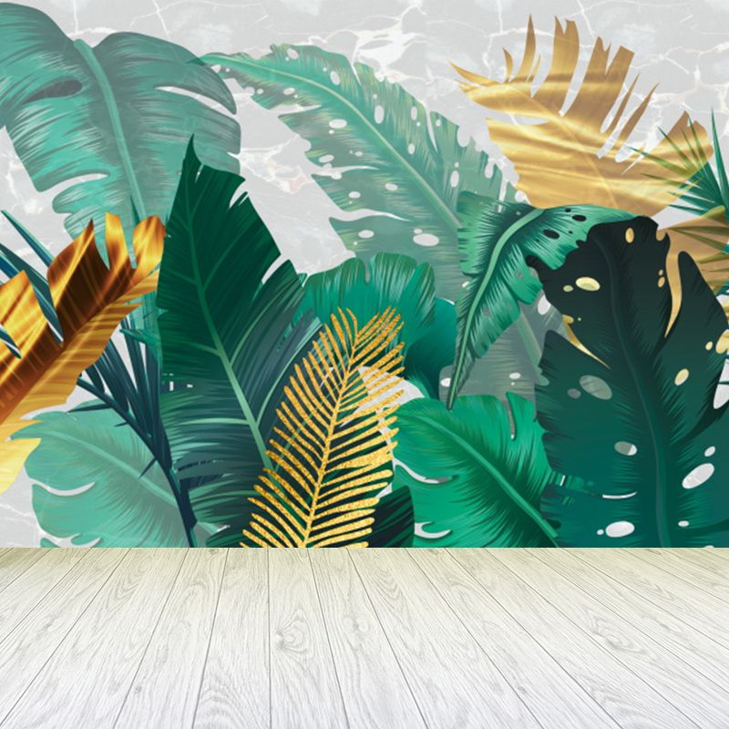 Tropical Leaves Pattern Mural Non-Woven Waterproof Green Wall Decor for Bathroom