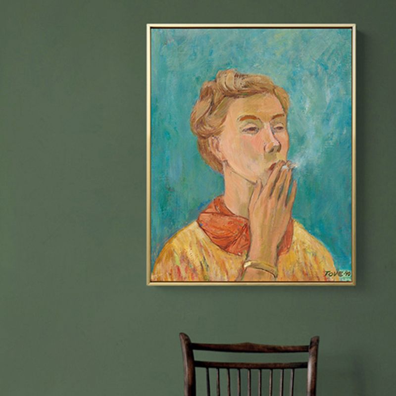 Modern Painting Boy Smoking Canvas Yellow Textured Wall Art Print for Living Room