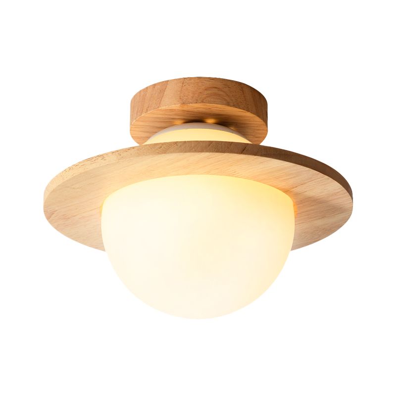 Small Sphere Corridor Ceiling Fixture Opal Frosted Glass Single Simple Semi Flush Mounted Lamp with Wood Banding Belt