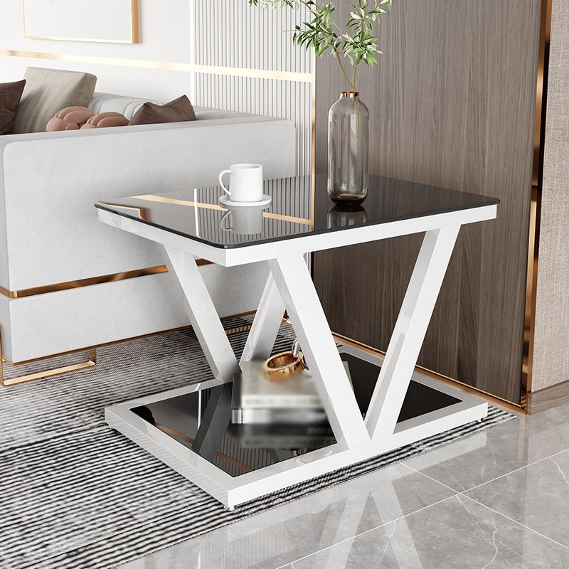 Square Block Base Metal Frame Black/white Tempered Glass Rectangular Coffee Table