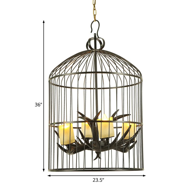 4 Lights Metal Chandelier Lamp Rustic Black Birdcage Living Room Down Lighting Pendant with Frosted Glass Shade