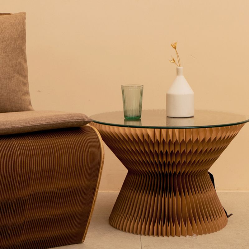 Contemporary Round Side Table, Antique Finish Top and Drum Base Side Table