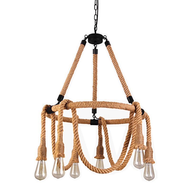Hemp Rope Exposed Bulb Chandelier Antiqued Restaurant Pendant Light Kit in Beige