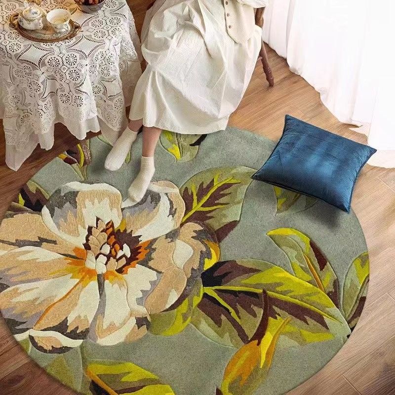 Round Floral Print Rug Casual Polyester Carpet Stain Resistant Area Carpet for Living Room