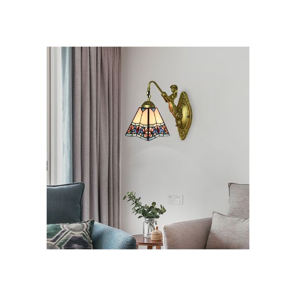 Beige Glass Trapezoid Sconce Light Fixture Tiffany 1 Head Wall Mounted Light for Living Room