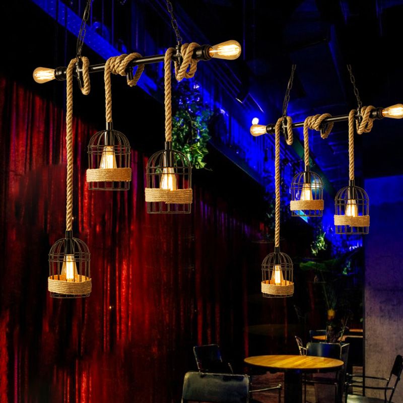 Birdcage Island Chandelier Lights Industrial Rope Chandelier Lighting Fixtures for Dining Table