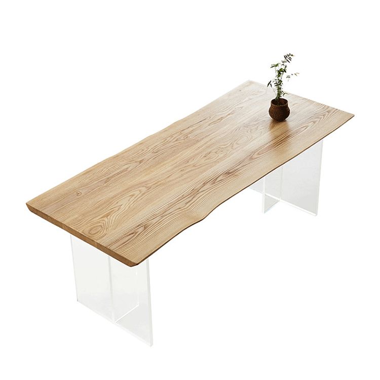 Wood Top Dining Table Modern Rectangle Table with Double Pedestal Base