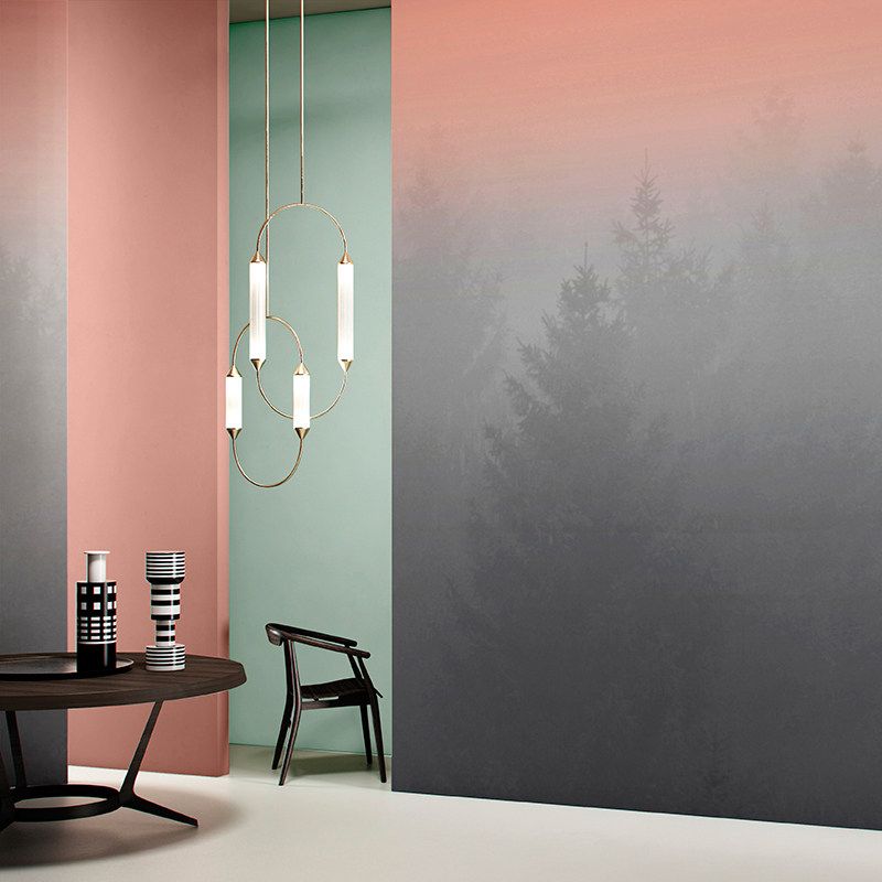 Misty Forest Morning Murals Grey and Orange Contemporary Wall Art for Home Decor