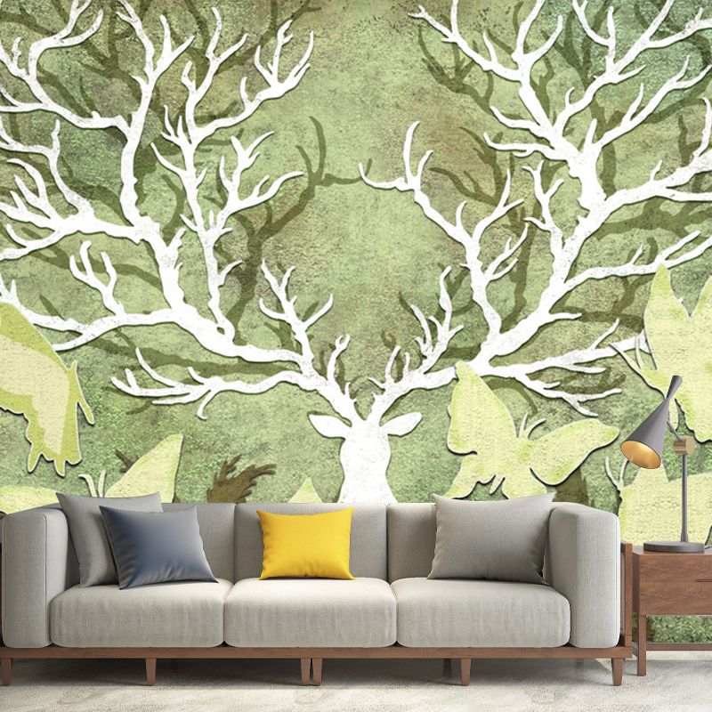 Rural Butterfly and Antler Mural Wallpaper for Home Personalized Wall Decor in Yellow-Green