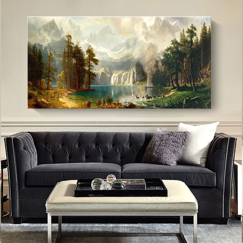 Brown Wonderland Painting Waterfall and Mountains Landscape Modern Textured Wall Art