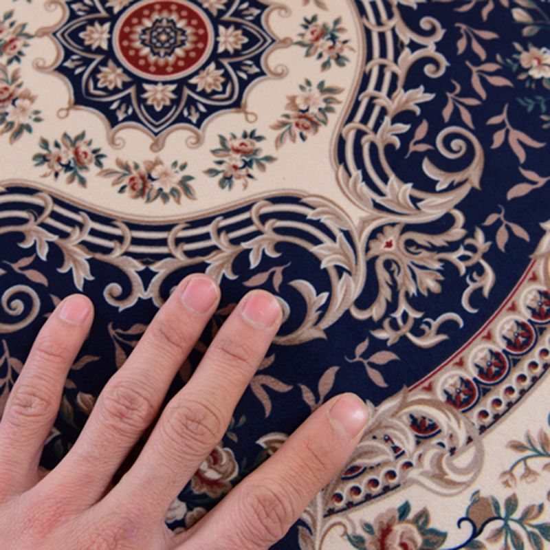 Vintage Blue Area Carpet Floral Pattern Polyester Area Rug Non-Slip Backing Rug for Home Decor