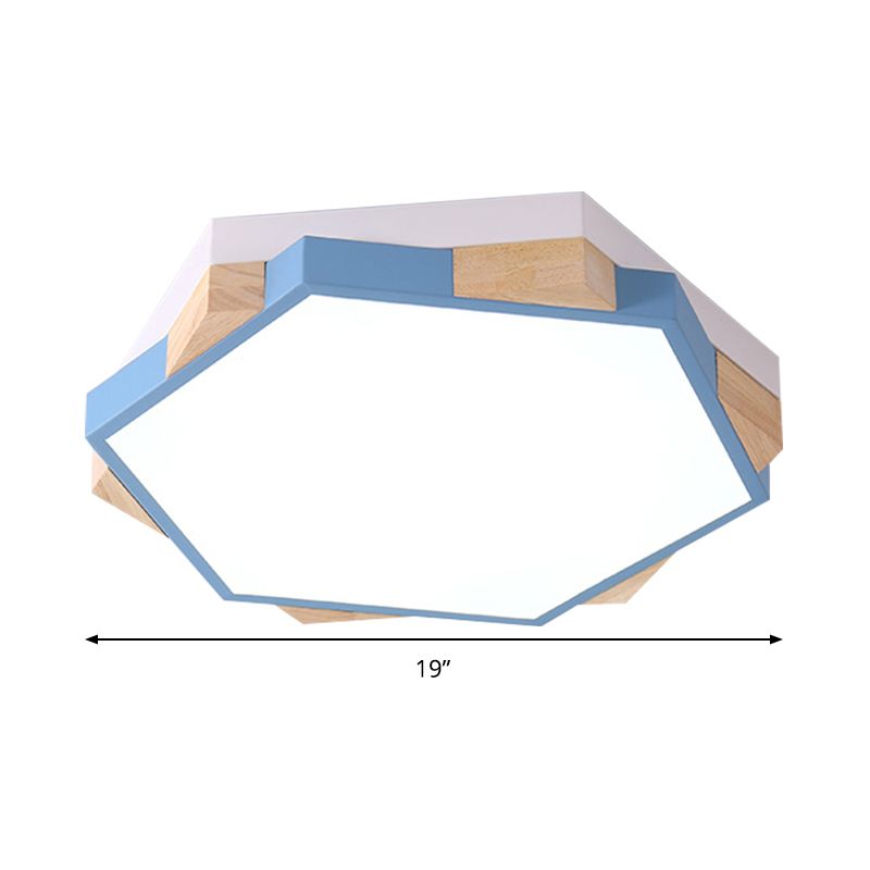 Moderne LED-Einbauleuchte in Rosa/Gelb/Blau, sechseckig, nah an der Decke, mit Metallschirm in warmem/weißem Licht