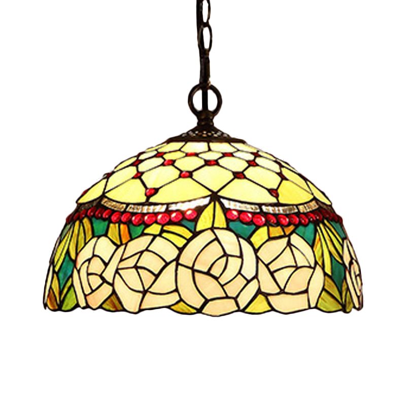 1/2 Lights Kitchen Chandelier Pendant Light Mediterranean Bronze Ceiling Lamp with Domed Red/Yellow Cut Glass Shade, 12"/16" W