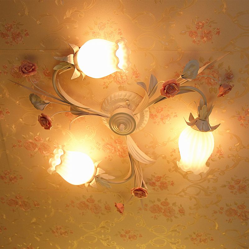 3 Heads Flower Semi Flush Mount Pastoral White Frosted Glass Ceiling Flush Mounted Light