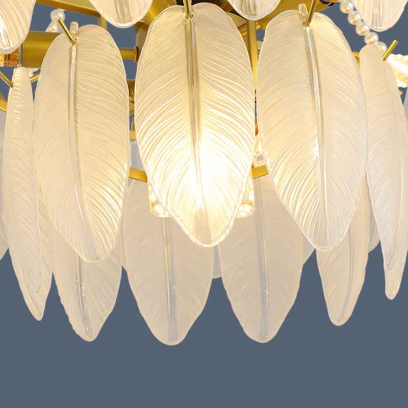 Modern Metal Ceiling Light Feather Shape Hanging Light with Glass Shade for Living Room