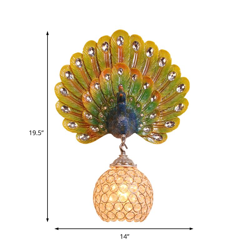 Retro Stylish Global Wall Light Sconce Clear Crystal 1 Light Wall Lamp with Peacock Backplate in Silver/White