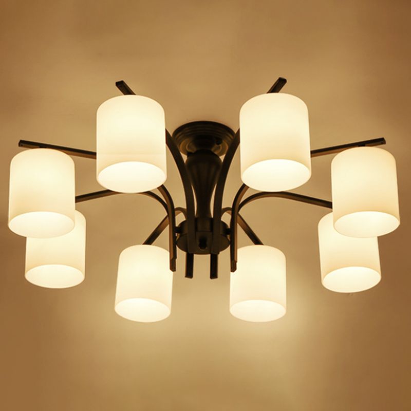 Traditional Classic Radial Semi Flush Mount Wrought Iron Ceiling Light with White Glass Shade