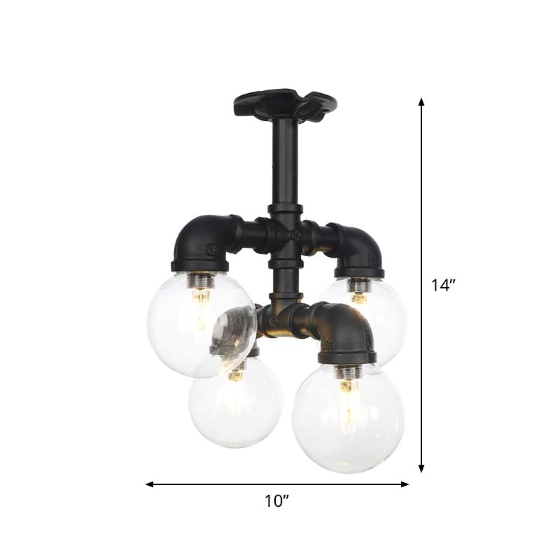 Black 4/5/6-Head Semi Flushmount Antiqued Clear Glass Ball LED Close to Ceiling Lighting