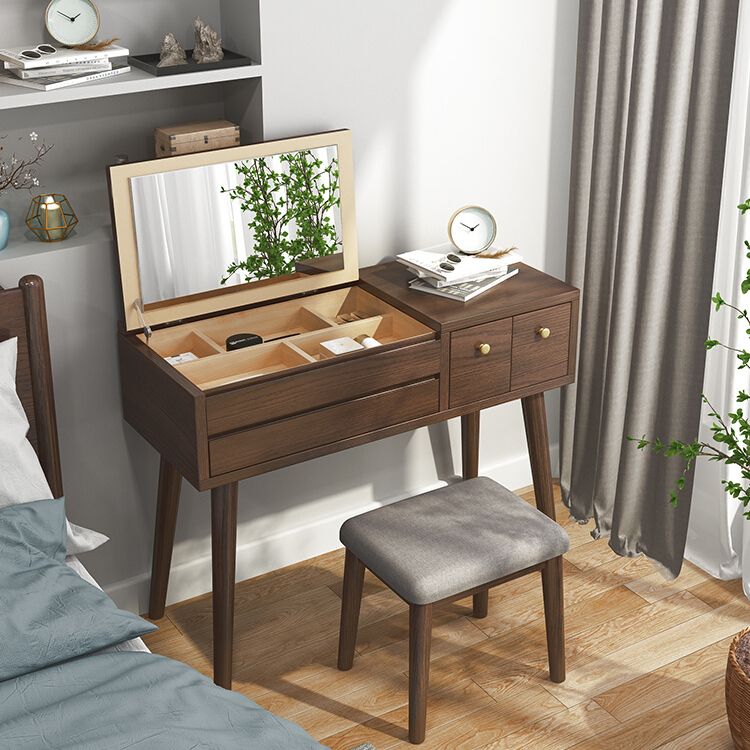 Solid Wood Makeup Vanity Desk Flip-Top Mirror Makeup Vanity Set with Drawer