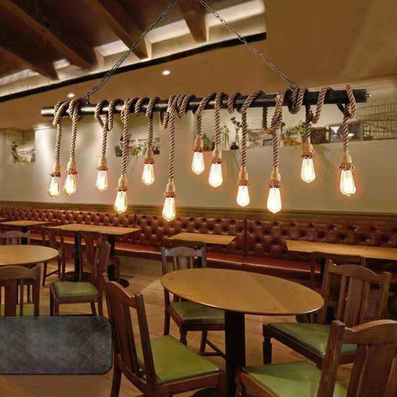 Brown Coffee Shop Island Pendant Light in Industrial Classic Style Wrought Iron Ceiling Light with Hemp Rope