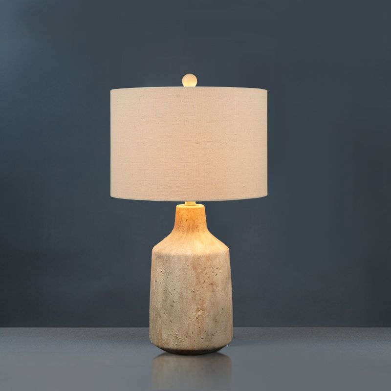 Minimalist Jar Nightstand Light Cement 1-Light Bedside Table Lighting with Drum Fabric Lampshade in White