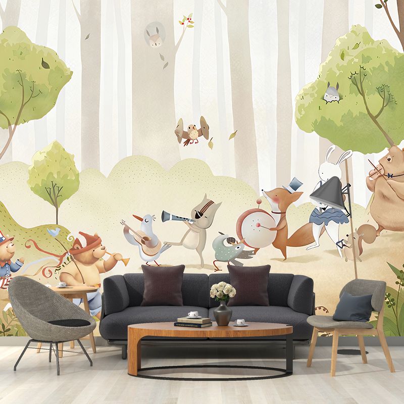 Whole Animal and Forest Mural Wallpaper for Kid Cartoon Design Wall Covering in Green, Stain-Resistant