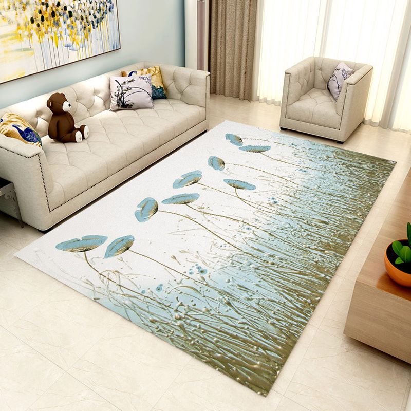 Light Green Modern Rug Polyester Botanical Pattern Rug Washable Carpet for Living Room