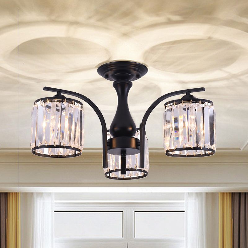 Cilinder semi-inbouwlamp met kristallen kap Scandinavisch metaal 3/5-lichts zwarte plafondlamp