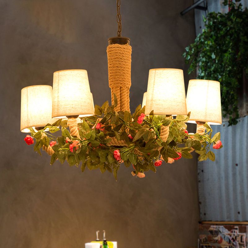 Conical Fabric Hanging Chandelier Rustic 6 Lights Dining Room Rope Ceiling Lamp in Beige
