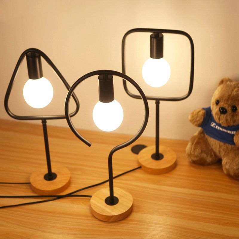 Geometric Frame Metal Table Lamp Industrial Single Bedside Night Light with Round Wooden Base