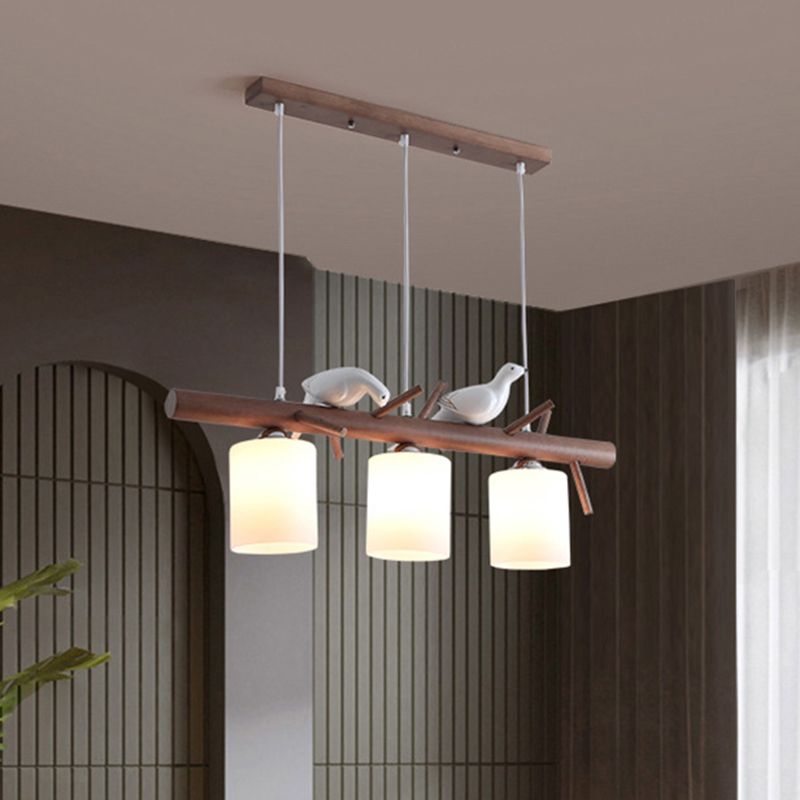 3 Lights Nutcracker Wood Island Pendant Lighting Contemporary Cylindrical Glass Shade Island Lamps
