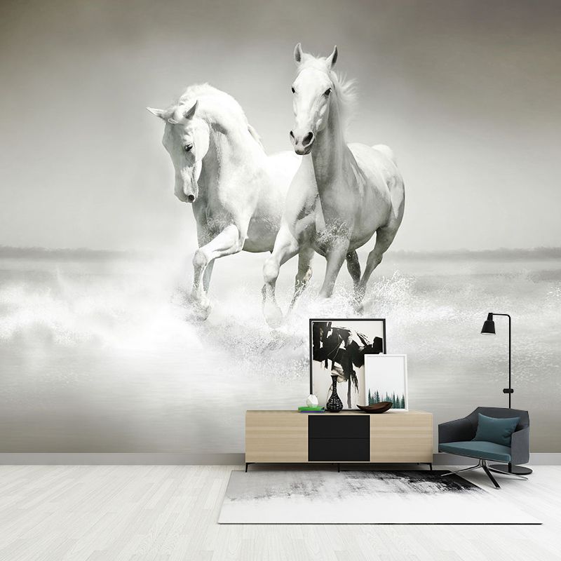 Traditional Galloping Horses Wall Decor for Living Room, Customized Size Wall Mural in Soft Grey