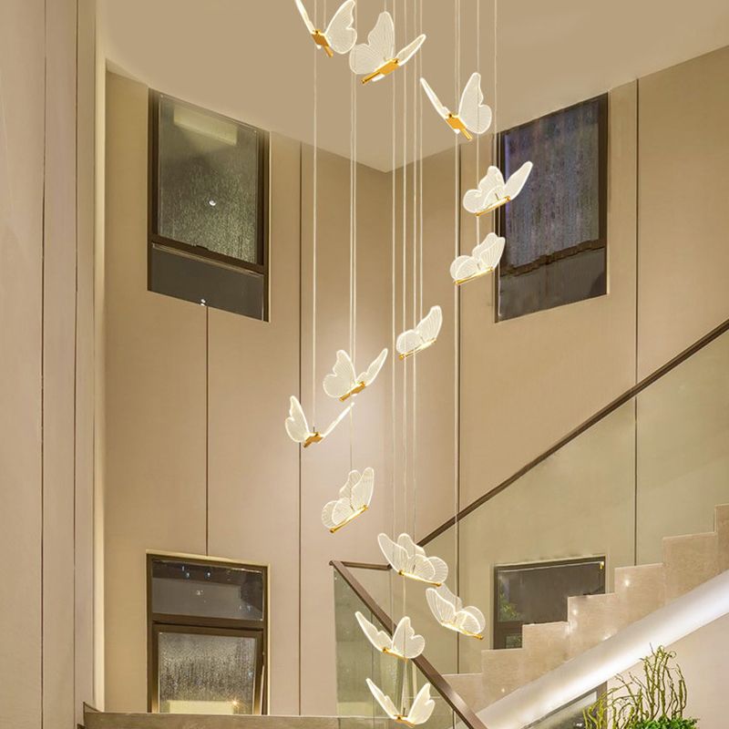 Butterfly Spiral Treppe Deckenbeleuchtung Acryl moderner LED-Multi-Licht-Anhänger in Gold