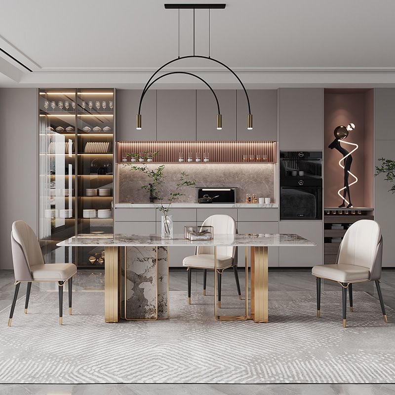 1/4/5/9 Pieces Rectangle Glam Furniture Stone Dining Table Set with Double Pedestal Base