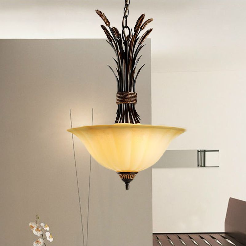 3 Heads Chandelier Pendant Lighting Traditional Wide Flare Beige Frosted Glass Ceiling Suspension Lamp in Black
