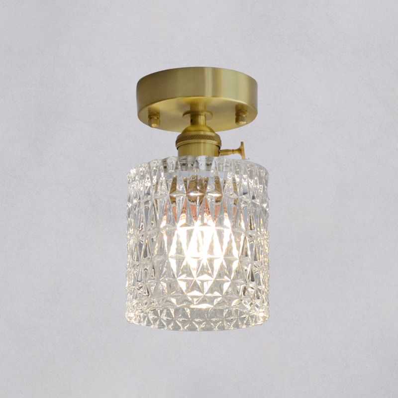 Brass Finish 1-Head Ceiling Mounted Light Minimalist Carved Glass Shaded Semi Flush Mount Lamp for Corridor