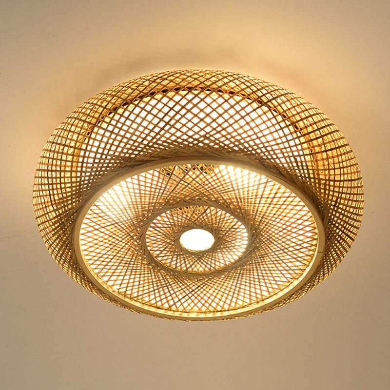 Wooden Circular Ceiling Light in Asian Simplicity Weave Bamboo Flush Mount for Corridor