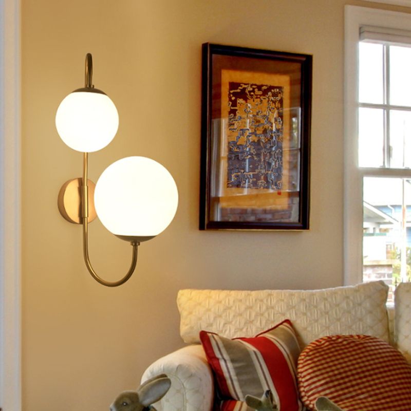 Ball Wall Sconce Light Contemporary Opal Glass 2 Lights Gold Wall Mount Lighting