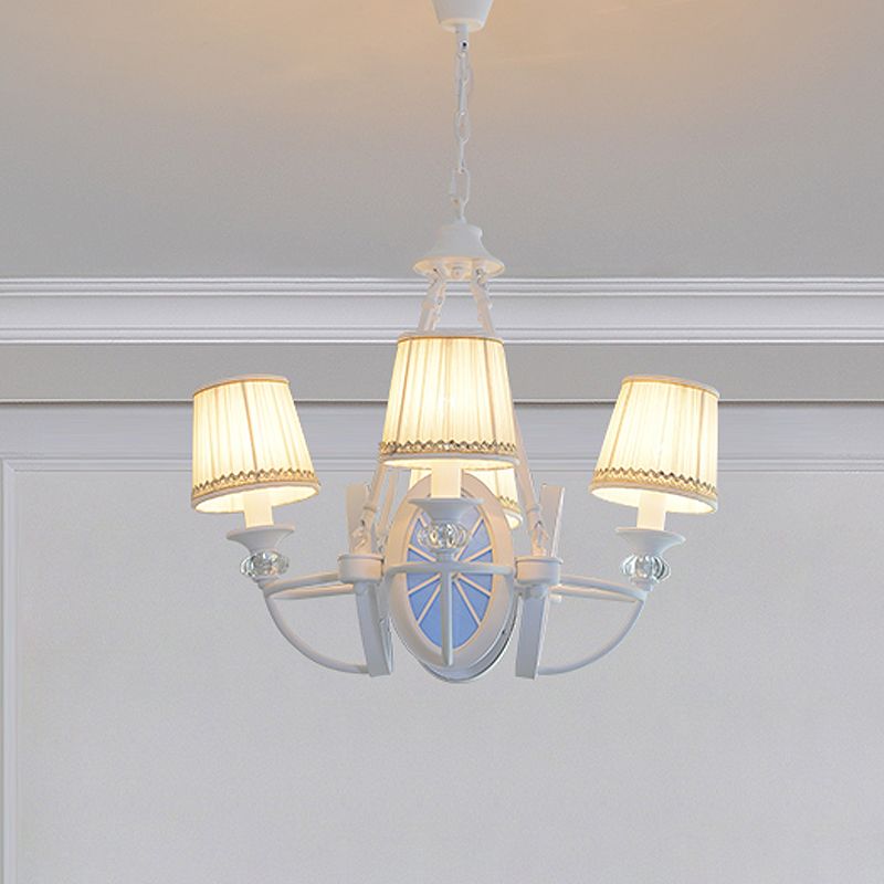 White Bucket Chandelier Lamp Mediterranean 4 Lights Fabric Drop Pendant with Oval Resin Design