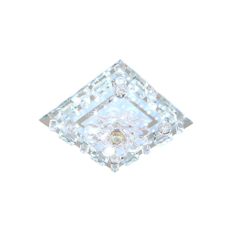 Clear Crystal Square Flush Ceiling Light Simple LED Corridor Flush Mount with Scalloped Shade in Warm/White Light