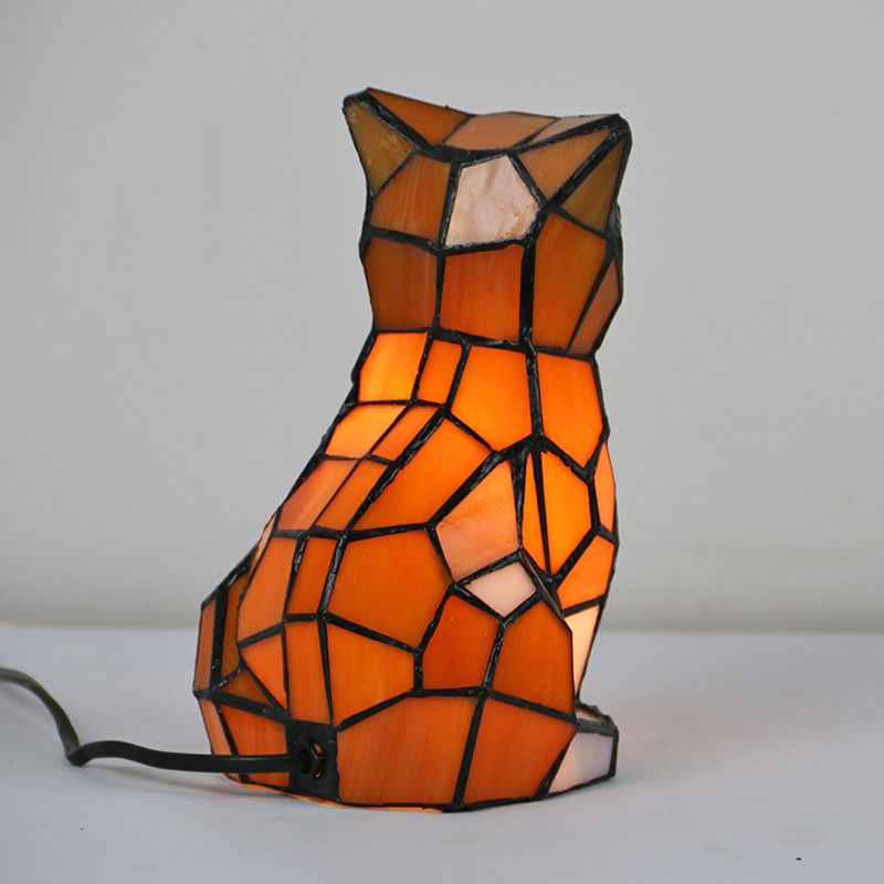 Orange Cat Shaped Table Lamp Creative Tiffany Style 1-Light Handcrafted Glass Night Light