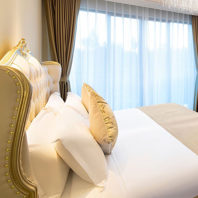 Contemporary White Bed with Upholstered Headboard in Victorian Style Leather Wood