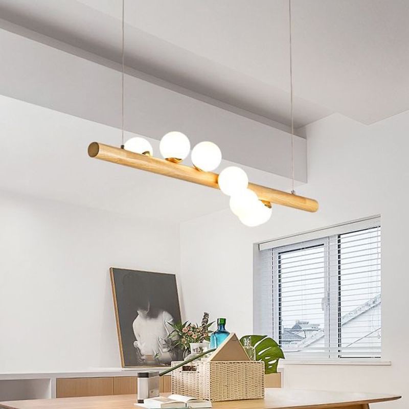 Modern Simple Wooden Hanging Lamp Ball Shape Shade Island Light Fixture for Dining Table
