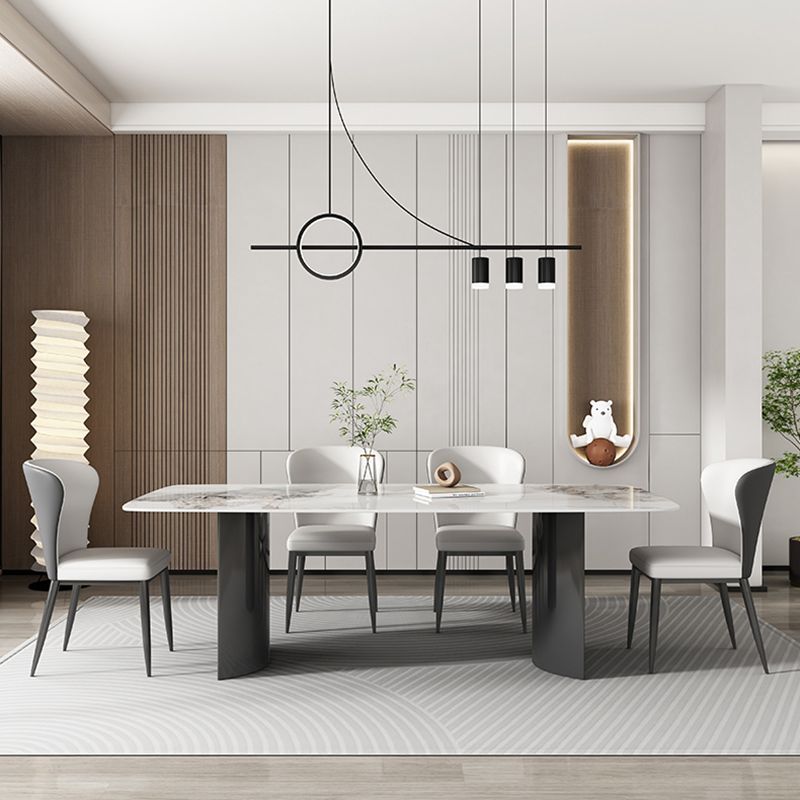 Contemporary Gray Rectangular Stone Dining Table with Double Pedestal