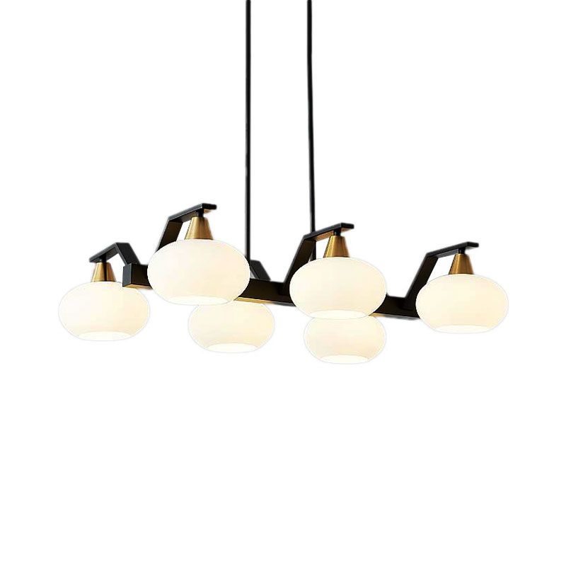 White Glass Oval Shade Chandelier Light 3/6 Lights Modern Hanging Pendant in Black