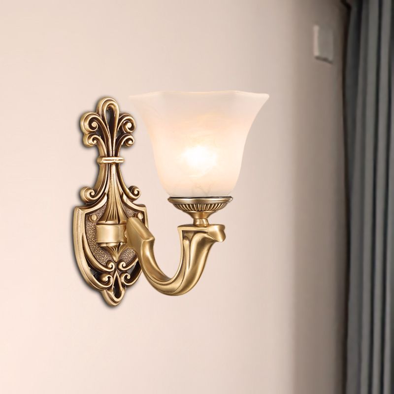1/2 Bulbs Trumpet Sconce Lamp Tradition Opal Glass Wall Lighting Fixture with Brass Metal Curved Arm