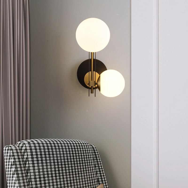 2 Bulbs Sphere Sconce Light Contemporary Milky Glass Wall Mounted Lighting in Black and Gold