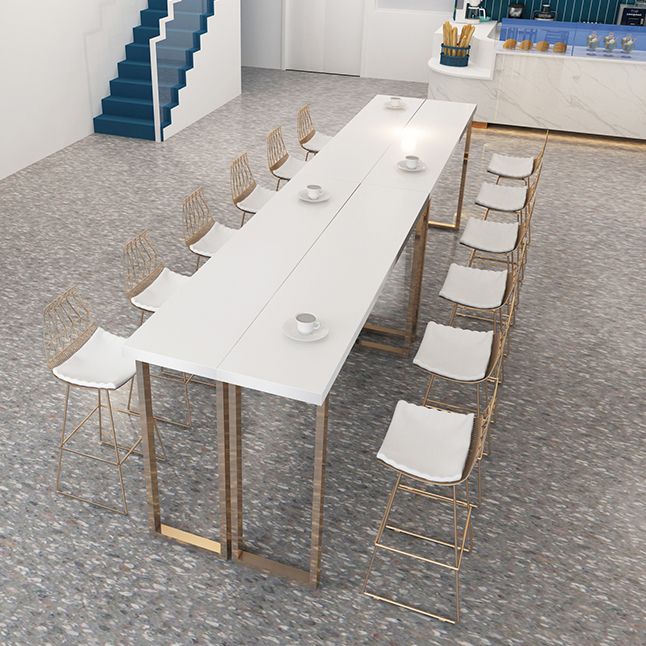 Glam Pub Table with Gold Metal Sled White Solid Wood Top Bar Table