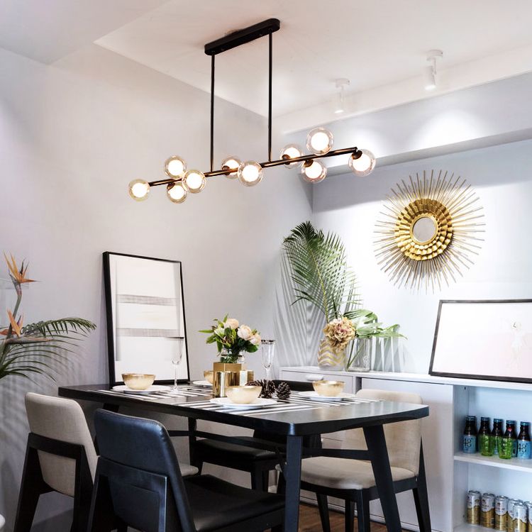 Modern Metal Ceiling Light Linear Shape Island Light with Glass Shade in Black and Gold