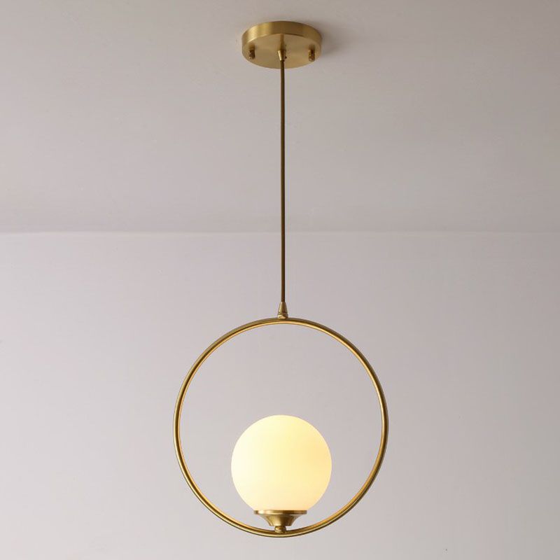 Antiqued Gold Ball Shaped Ceiling Lamp Minimalist 1 Bulb Cream Glass Suspension Light with Ring Decoration